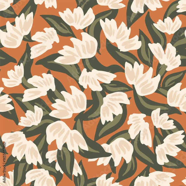 Fototapeta Simple, hand painted feather like flowers as a beautiful botanical flowerbed in colors of off white, cream and green on brown background. Floral seamless vector pattern. Great for home decor, fabric.
