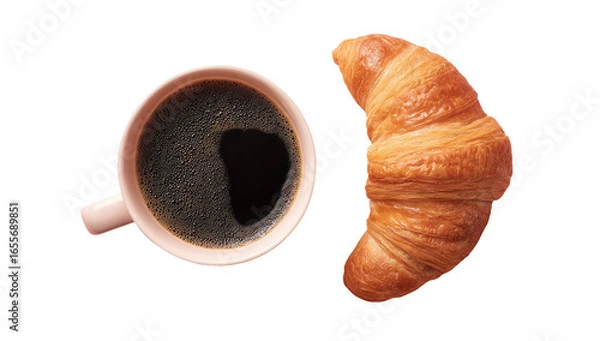 Obraz Overhead view of a cup of coffee and a croissant. A light pink mug holds dark coffee, situated next to a golden-brown croissant