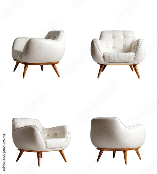 Obraz Four views of a contemporary, off-white,  curved-armchair with wooden legs.  The chair features a soft, sculpted profile