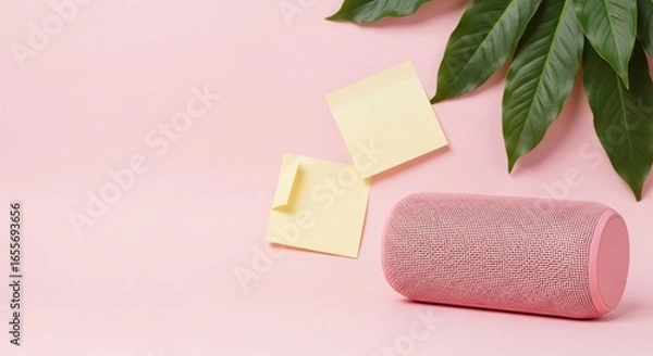 Fototapeta Pink portable speaker with sticky notes and green leaves on pastel background