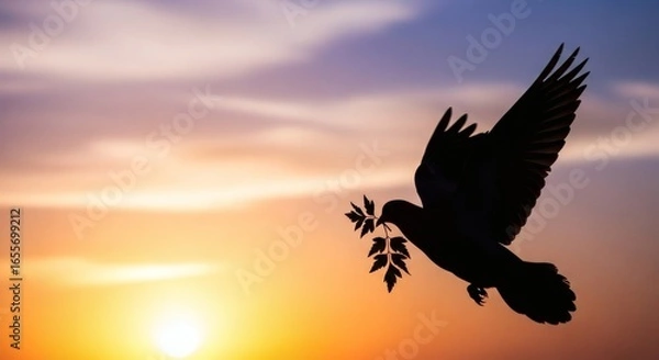 Obraz Silhouette of a dove flying with an olive branch in its beak against a beautiful sunset sky, symbolizing peace and hope