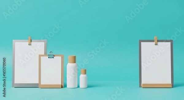 Fototapeta Clean product display with blank clipboards and bottles on teal