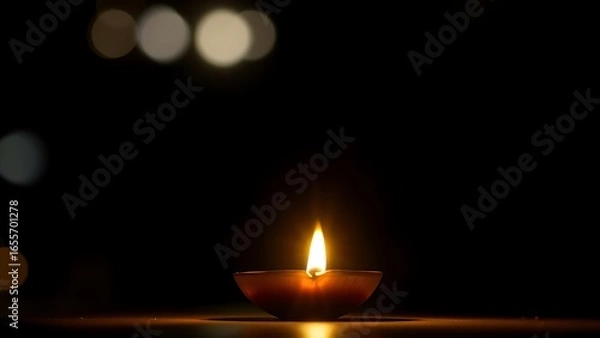 Fototapeta Golden diya glowing in darkness, symbolizing tradition and festive spirit in Indian culture.