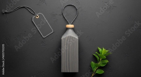 Fototapeta Elegant wooden bottle with tag and green leaf on dark surface