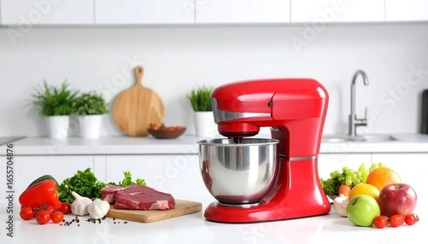 Obraz Red stand mixer with kitchen prep.