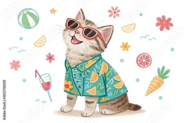 Fototapeta Songkran and summer season concept with scottish cat wearing summer cloth and sunglasses on white background
