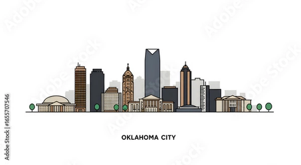 Fototapeta Discover the vibrant modern urban cityscape of Oklahoma City, showcasing its iconic skyline with diverse architectural landmarks and towering structures against a clear sky.