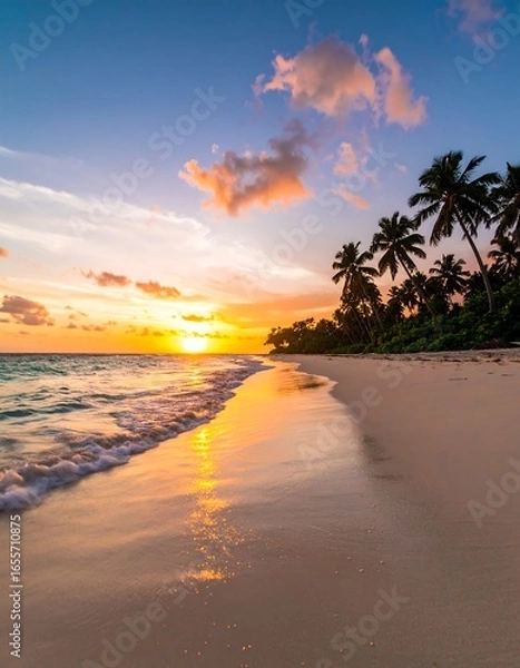 Fototapeta Tranquil sunset over a tropical beach with palm trees and gentle waves