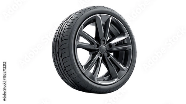 Fototapeta A modern black car tire with alloy rim, minimalistic product presentation style, shown neatly on smooth white background 