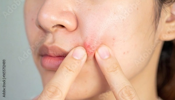 Fototapeta Close-up of a young woman's face dealing with an inflamed skin blemish, highlighting the common issue of acne and skincare.