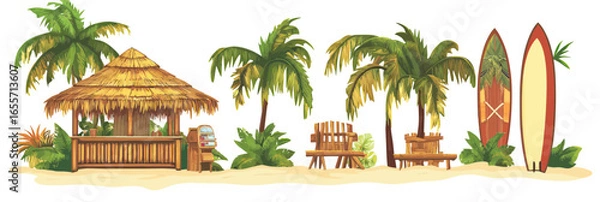 Fototapeta Tropical beach tiki bar with straw roof hut, bamboo counter, palm trees, wooden bench, tropical plants, and colorful surfboards in flat minimalist style vector