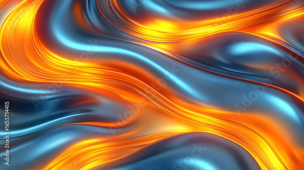 Fototapeta Abstract Metallic Fluid with Vibrant Orange and Blue Swirls, Det