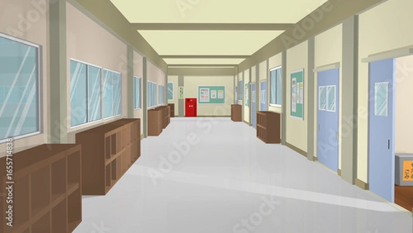 Obraz 学校の廊下や階段を背景にするアニメーションに最適なイラスト。
アニメーションに合わせて多種多様のアングルを準備しました。（動画もあります）