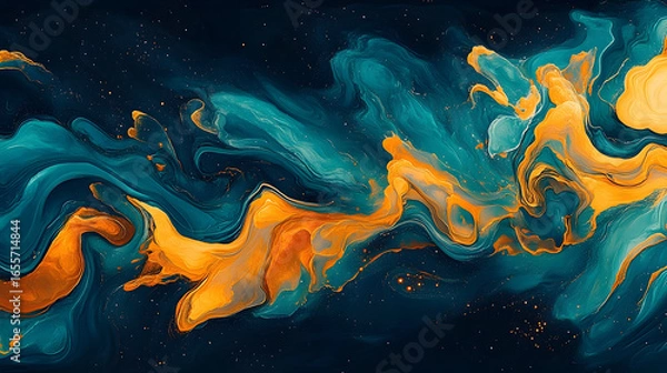 Fototapeta Abstract Fluid Art: Swirling Teal and Gold on Dark Blue Canvas