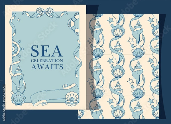 Fototapeta Vintage 8.5x11 romantic ocean card for thematic party invitations. Features copy space frame for customization and coastal accents