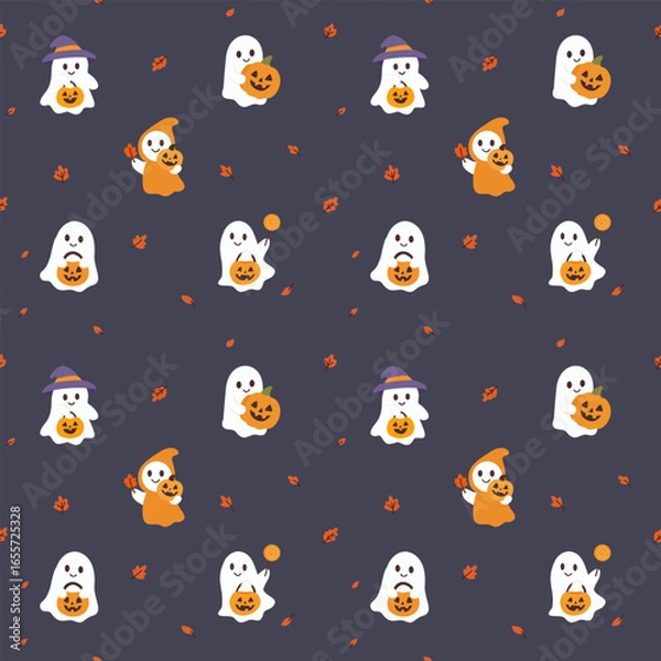 Obraz Cute Halloween themed cartoon pattern arranged in a continuous pattern, small white ghost, carved pumpkin, purple witch hat, giving a bright, warm and lovely feeling, suitable for designing