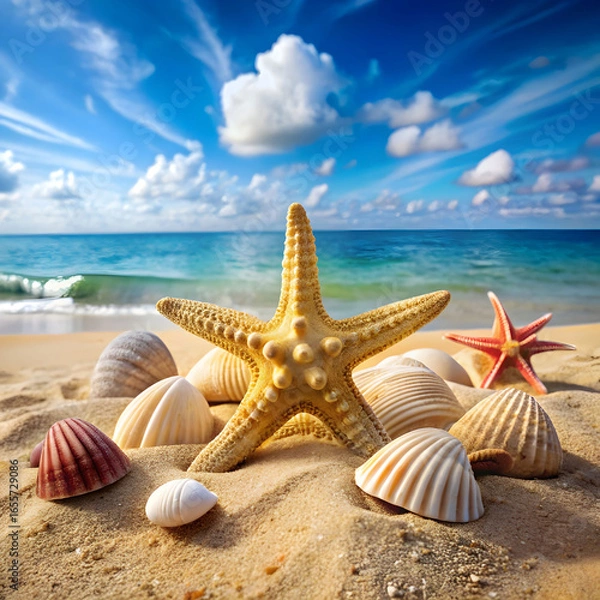 Fototapeta seashells and starfish on sandy beach summer vacate