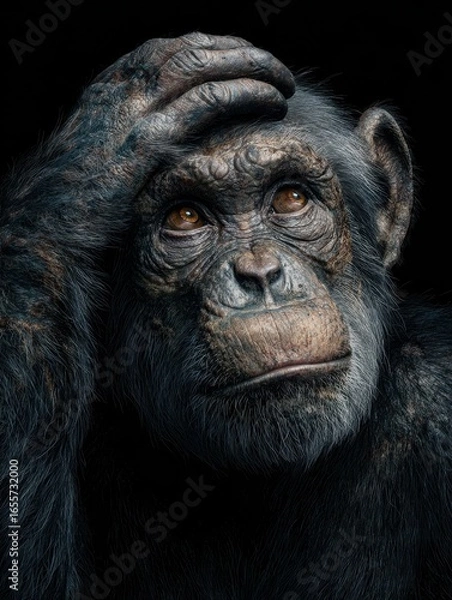 Fototapeta thoughtful chimpanzee exhibiting curiosity and introspection while scratching head against transparent background in natural posing style