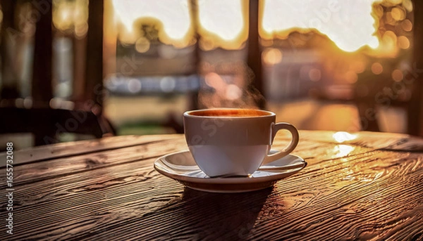 Fototapeta Cup of coffee on a wooden table at their local cafe with morning vibes 
