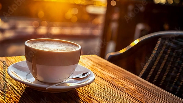 Fototapeta Cup of coffee on a wooden table at their local cafe with morning vibes 