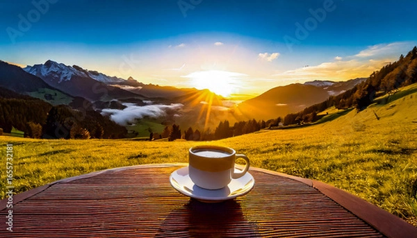 Fototapeta a coffee on a wood table, dreamy golden sunrise beetween mountain in the background with low clouds rolling.sunset nature background nature concept