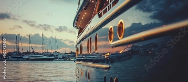 Obraz Gleaming Superyacht Hull Reflecting the Serene Twilight Sky in a Luxury Marina