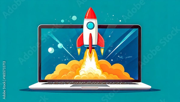 Fototapeta Creative laptop and rocket with smoke and blast lift off up, . Boosting applications and creative idea concept. Launching the spaceship rocket from a laptop screen. Startup and rapid growth.