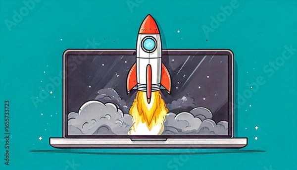 Fototapeta Creative laptop and rocket with smoke and blast lift off up, . Boosting applications and creative idea concept. Launching the spaceship rocket from a laptop screen. Startup and rapid growth.