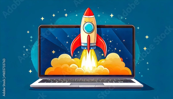Fototapeta Creative laptop and rocket with smoke and blast lift off up, . Boosting applications and creative idea concept. Launching the spaceship rocket from a laptop screen. Startup and rapid growth.