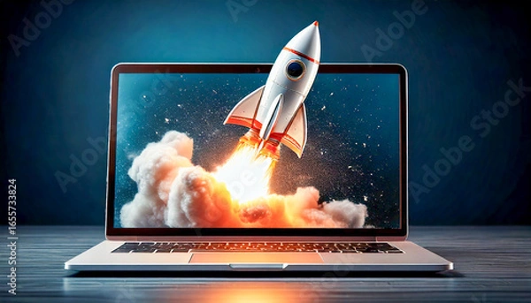 Fototapeta Creative laptop and rocket with smoke and blast lift off up, . Boosting applications and creative idea concept. Launching the spaceship rocket from a laptop. Startup and rapid growth.