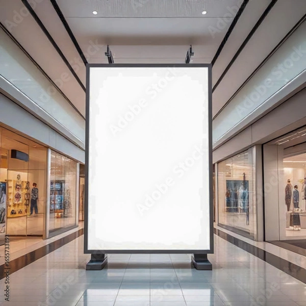 Fototapeta Minimalist blank billboard mockup in a futuristic shopping center hallway with blurred background