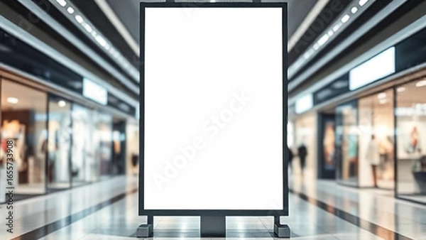 Fototapeta Minimalist blank billboard mockup in a futuristic shopping center hallway with blurred background
