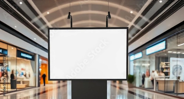 Fototapeta Minimalist blank billboard mockup in a futuristic shopping center hallway with blurred background