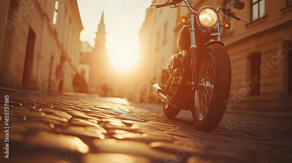 Obraz Motorcycle on Cobblestone Street at Sunset with Warm Golden Ligh