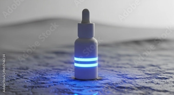 Fototapeta Modern white dropper bottle with glowing blue bands on textured surface