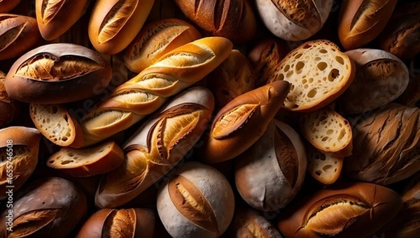 Fototapeta Overhead full frame view of an abundant assortment of artisan fresh baked breads with diverse crusts and textures.