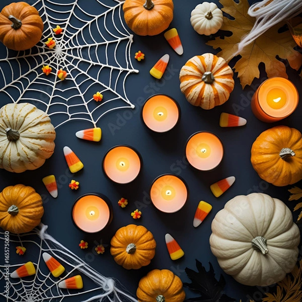 Fototapeta Halloween Themed pattern, seamless, vector, design, flower, wallpaper, art, floral, decoration, flowers, texture, illustration, autumn, nature, summer, decor, orange, pumpkin, leaves, black, abstracti