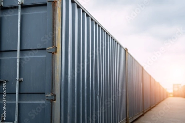 Obraz Steel shipping containers bask in golden sunset glow, evoking global logistics on International Trade Day and World Maritime Day