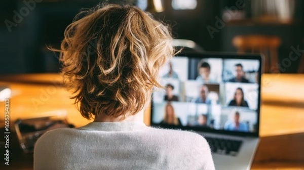 Fototapeta back view of business woman talking to her colleagues about plan in video conference multiethnic business team using laptop for a online meeting in video call group of people smart working from home 