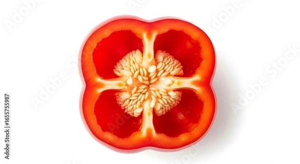 Fototapeta Cross section of a vibrant red bell pepper showing seeds and interior