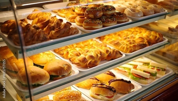 Fototapeta An inviting bakery display case showcasing rows of glazed donuts, croissants, and fresh sandwiches under warm light