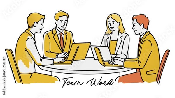 Fototapeta Diverse team collaborates effectively around a round table with laptops in a modern office setting