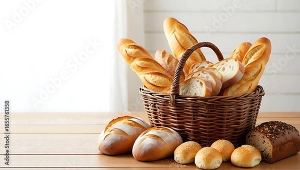 Fototapeta Abundant selection of golden crust artisan breads and rolls in a wicker basket on a natural wooden table.