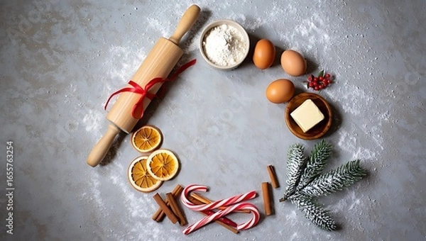 Fototapeta Festive Christmas Baking Essentials with Rolling Pin, Flour, Eggs, and Candy Canes Arranged on a Grey Background
