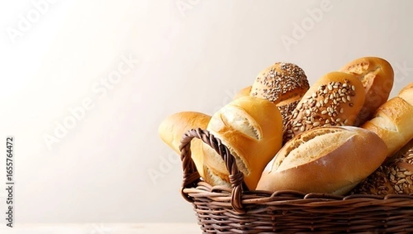 Fototapeta Rustic wicker basket brimming with an abundant variety of golden freshly baked breads and rolls on a light background with copy space.