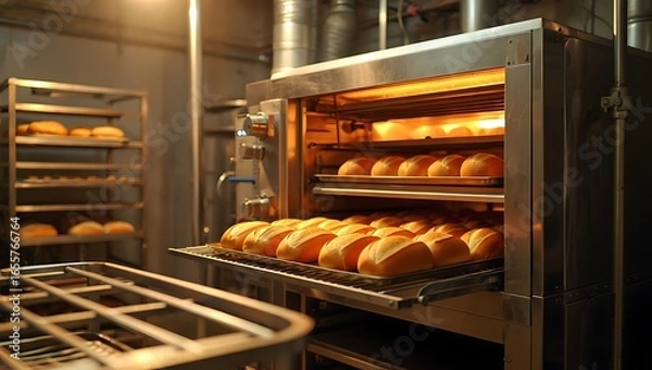 Fototapeta Golden Bread Rolls Baking on Trays Inside a Warm, Illuminated Commercial Bakery Oven