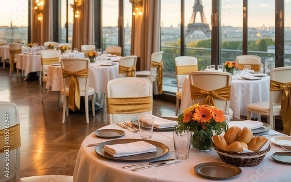 Obraz Romantic Paris Reception with Elegant White Draped Wedding Table Overlooking Eiffel Tower – High Resolution