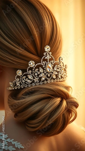 Fototapeta Elegant Bridal Hair Accessory Sparkling Tiara on Low Bun