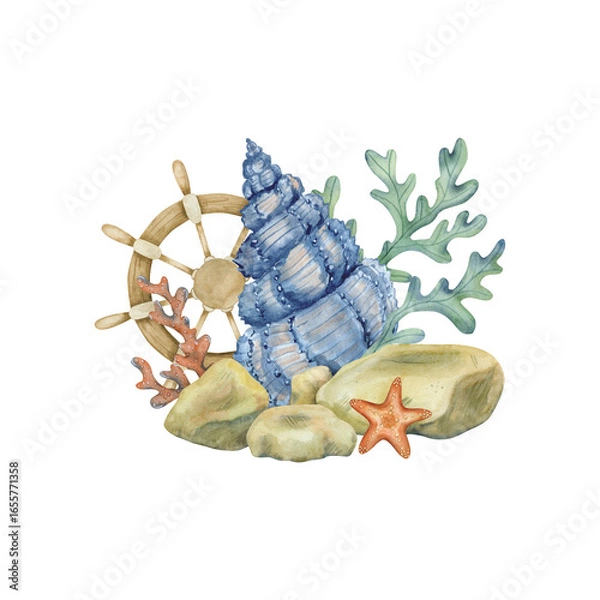 Fototapeta A marine composition with a blue shell, a wooden ship's rudder, a red starfish, algae and underwater rocks.  Watercolor illustration.