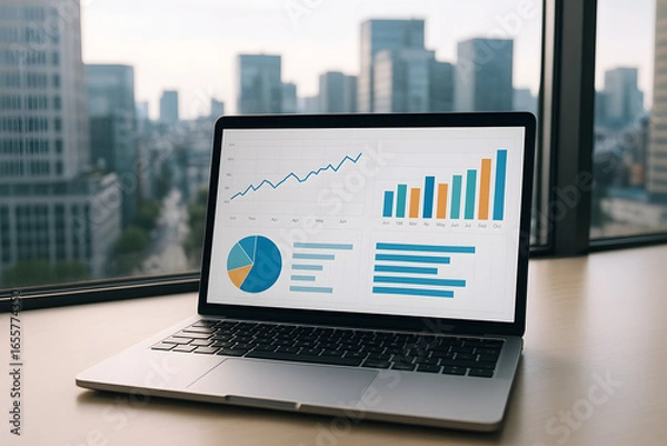 Fototapeta Laptop Displaying Business Analytics: A sleek laptop showcases a range of dynamic business analytics, featuring interactive charts and graphs, set against a stunning cityscape view.